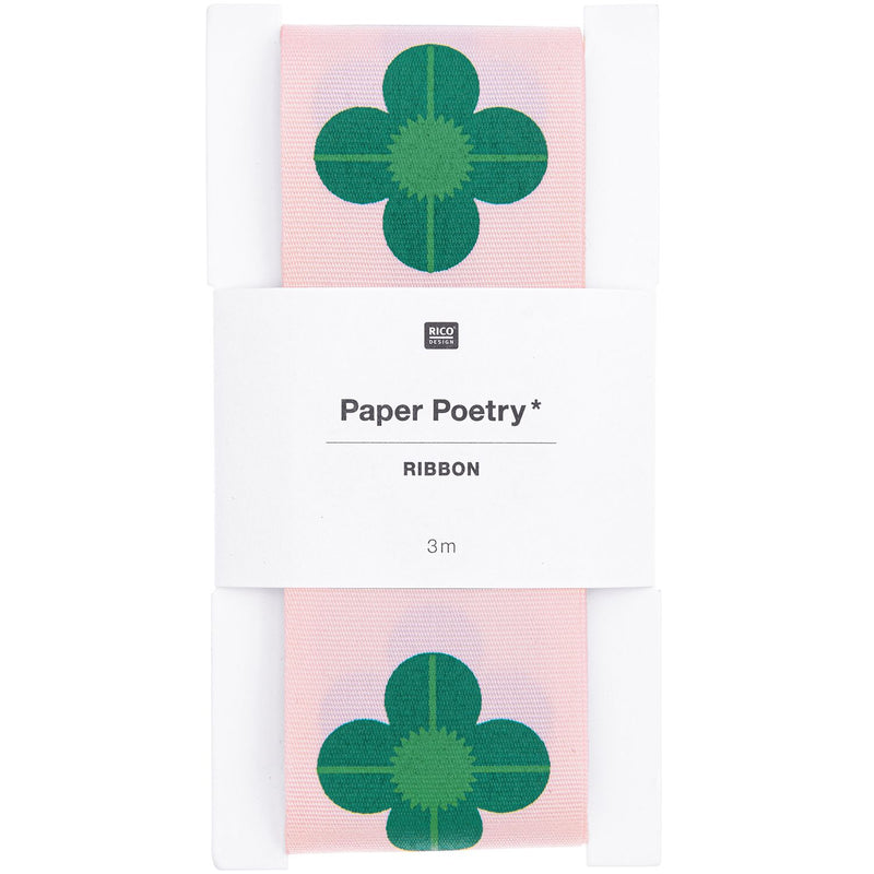 Paper Poetry Taftband - Rosa-Grün mit Kleeblättern