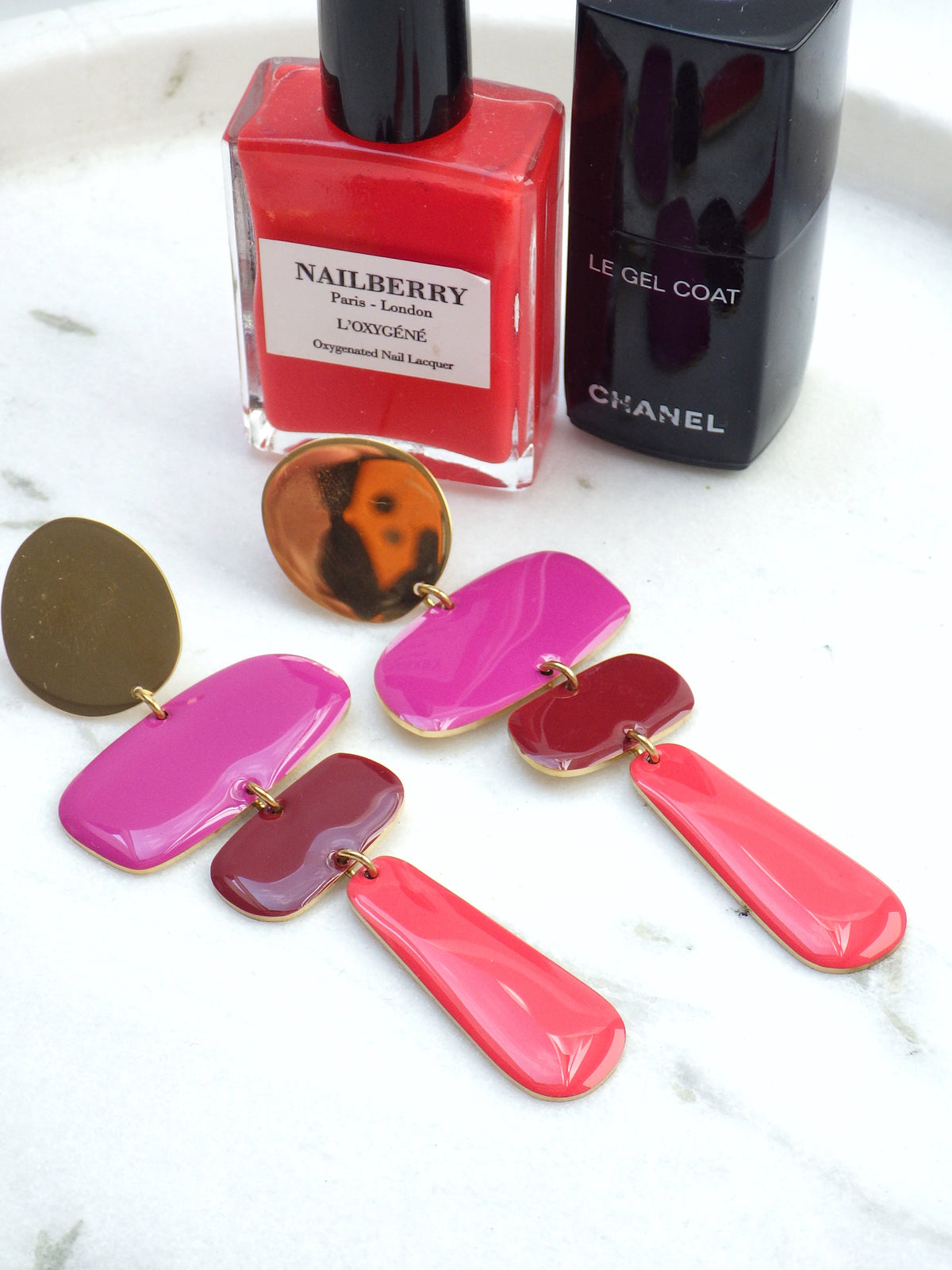 ☀️ Ohrringe - Emaille-Hänger Pink/Rot/Koralle