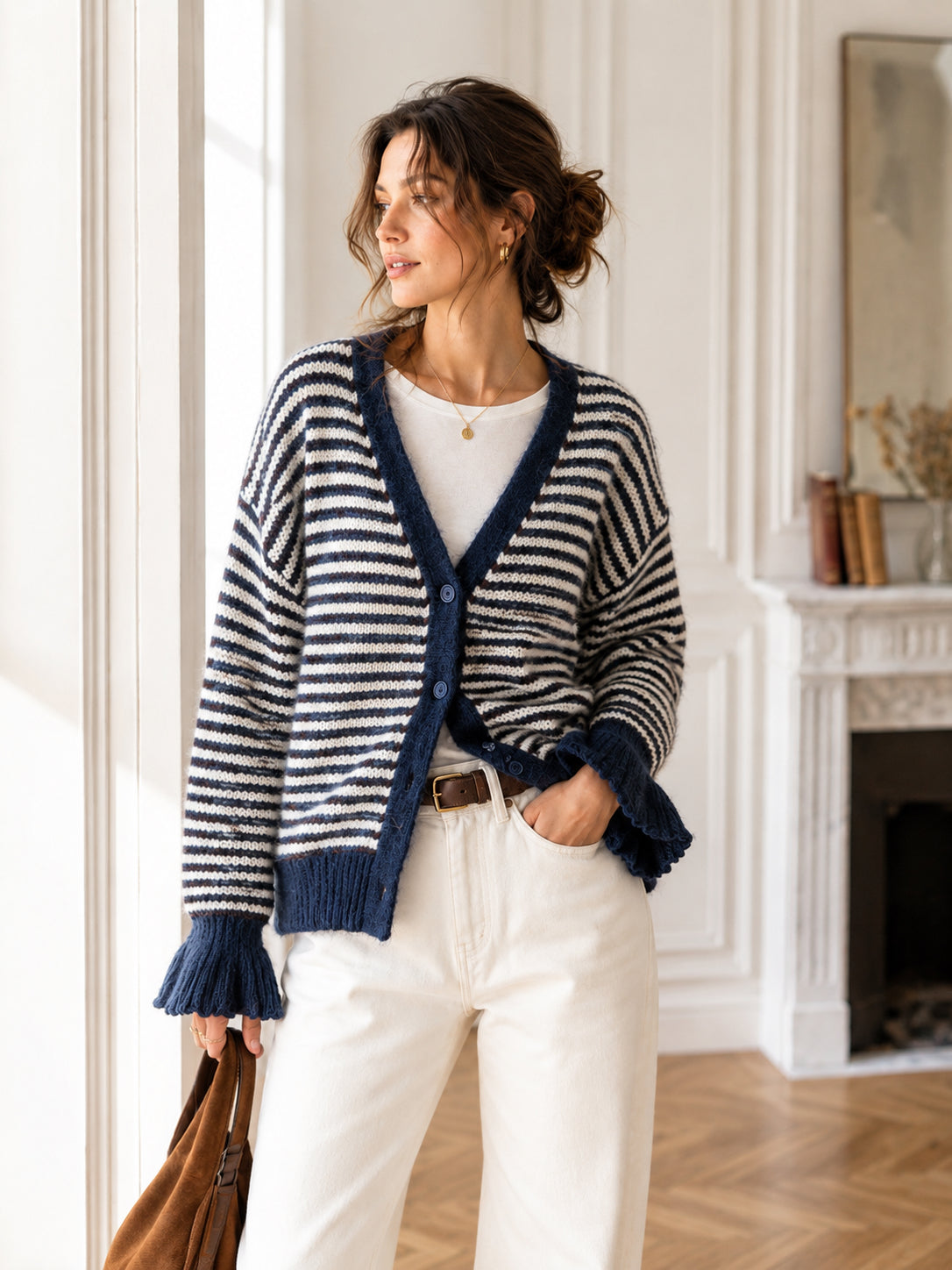Kuschelstrickjacke mit Streifen - Dunkelblau/Offwhite