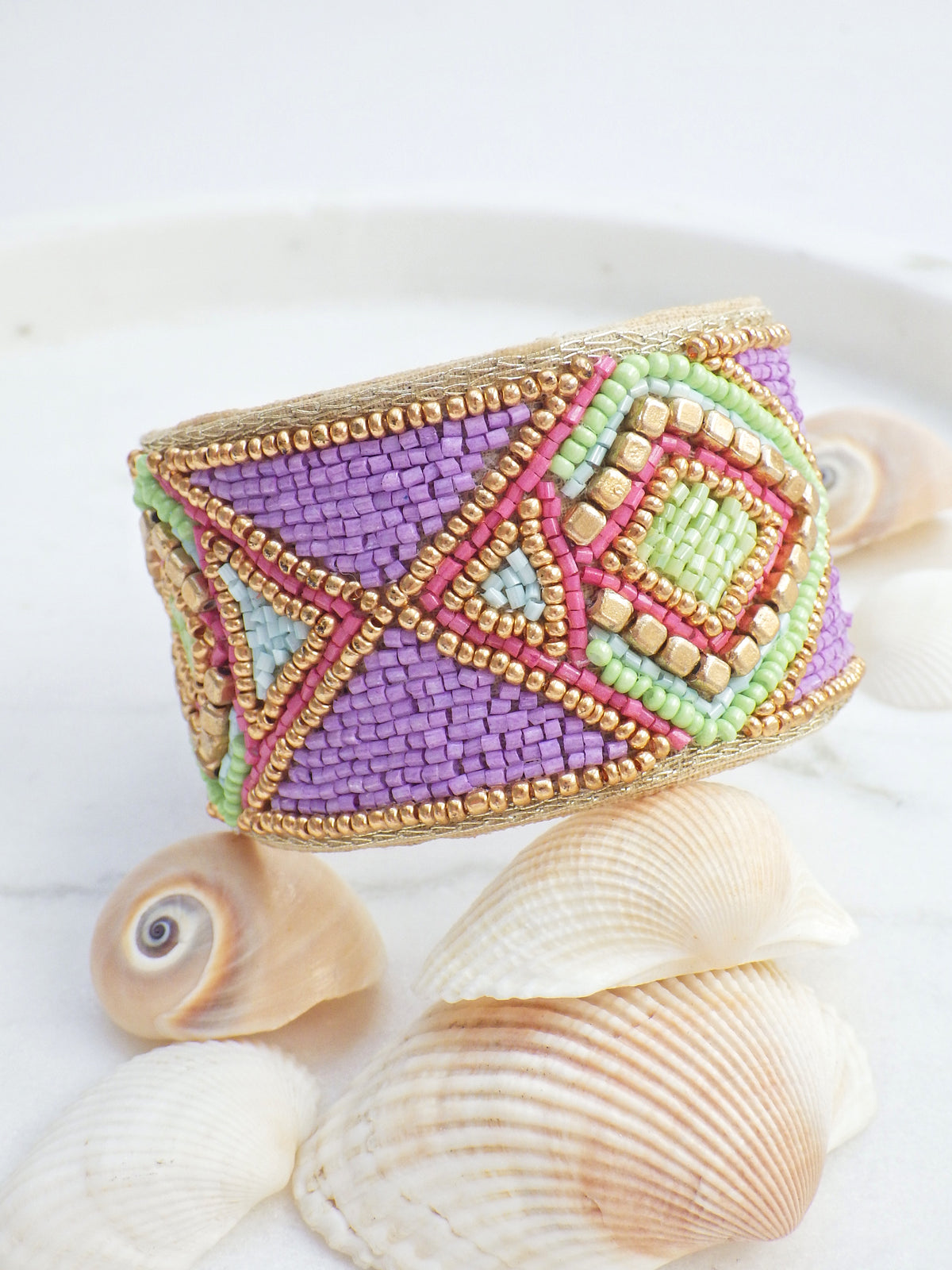 SALE - Armreif - Lila/Grüne Raute #18