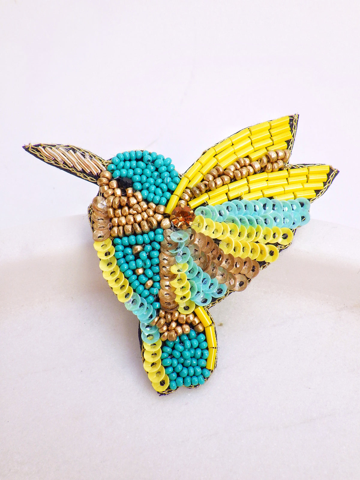 Kolibri - Brosche Türkis-Gelb