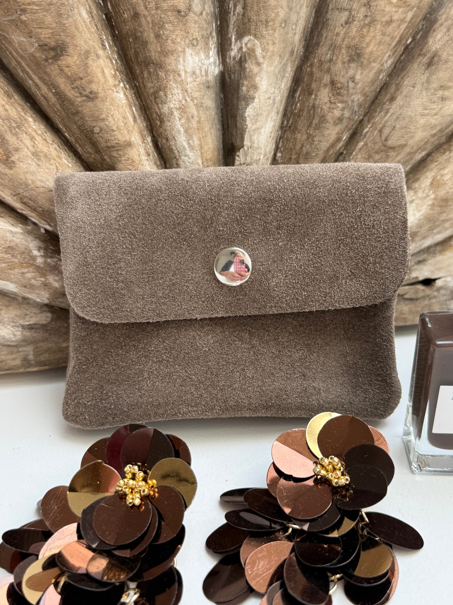 Leder-Portemonnaie - Wildleder Taupe