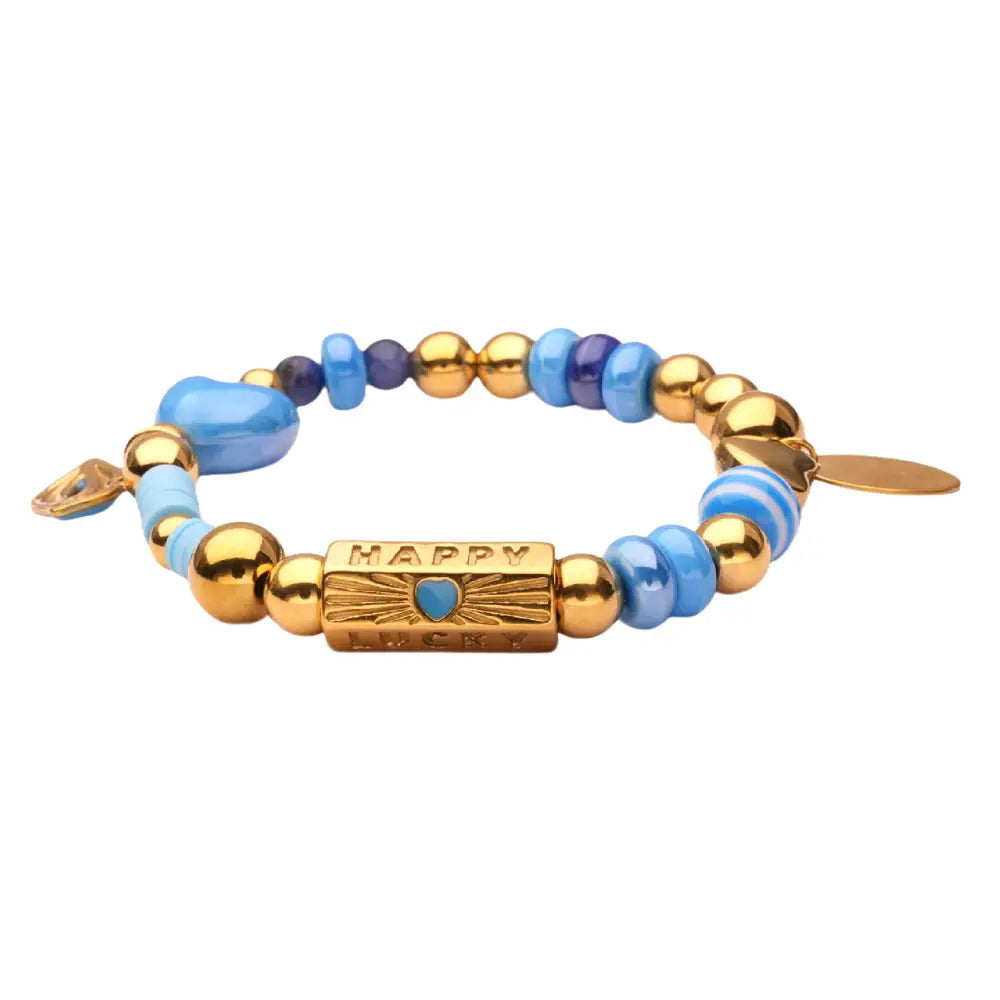 SALE - Glücks-Armband - Blau/Gold mit Glücksklee & Smiley