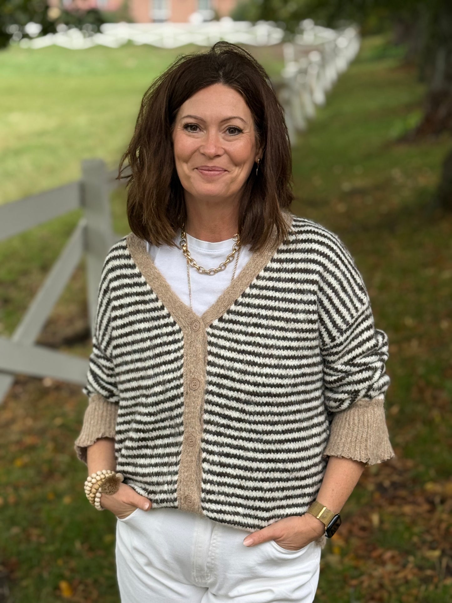 Kuschelstrickjacke mit Streifen - Dunkelblau/Offwhite