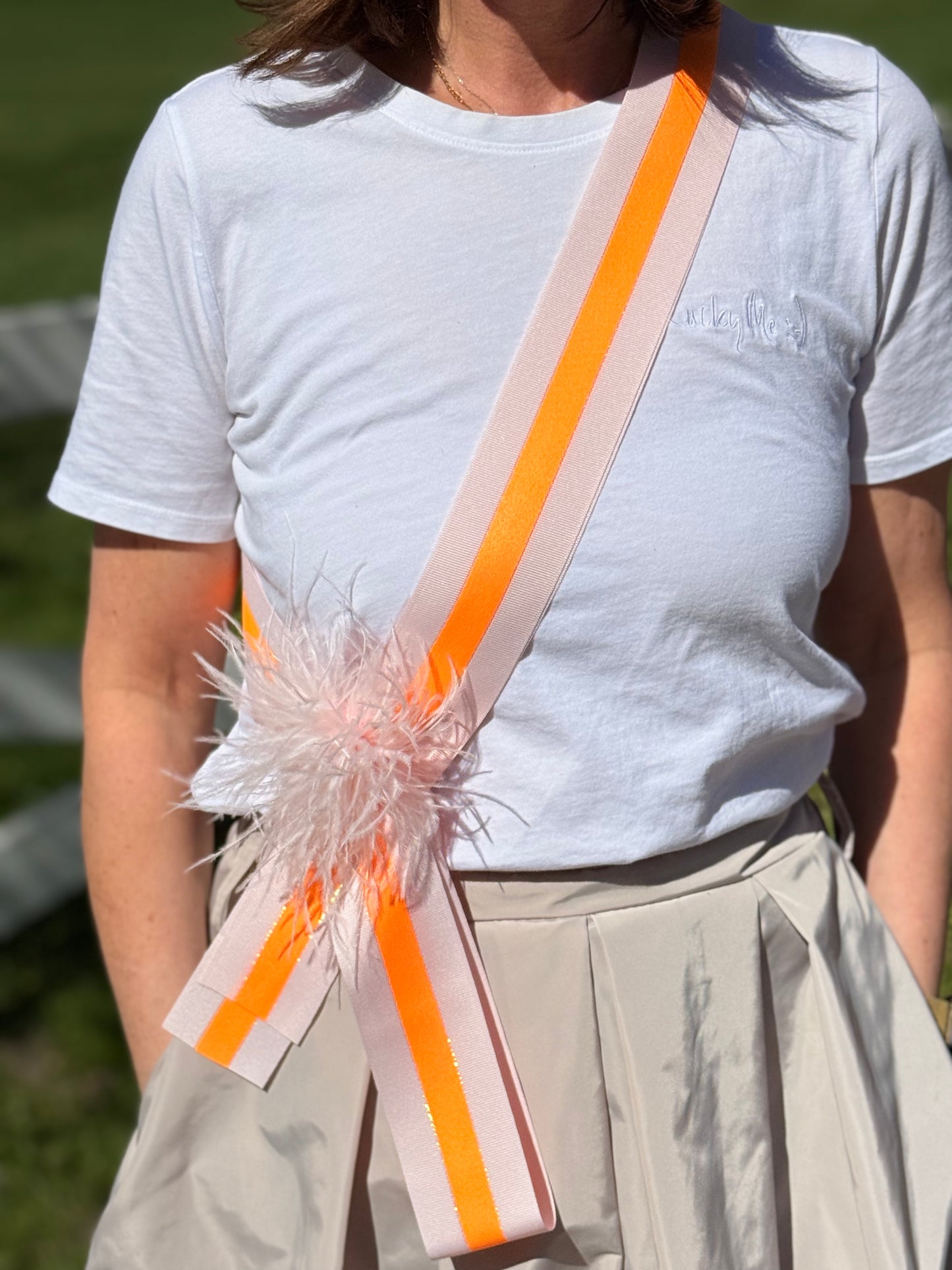 Geschenke Webband - Hellrosa/Orange gestreift XL