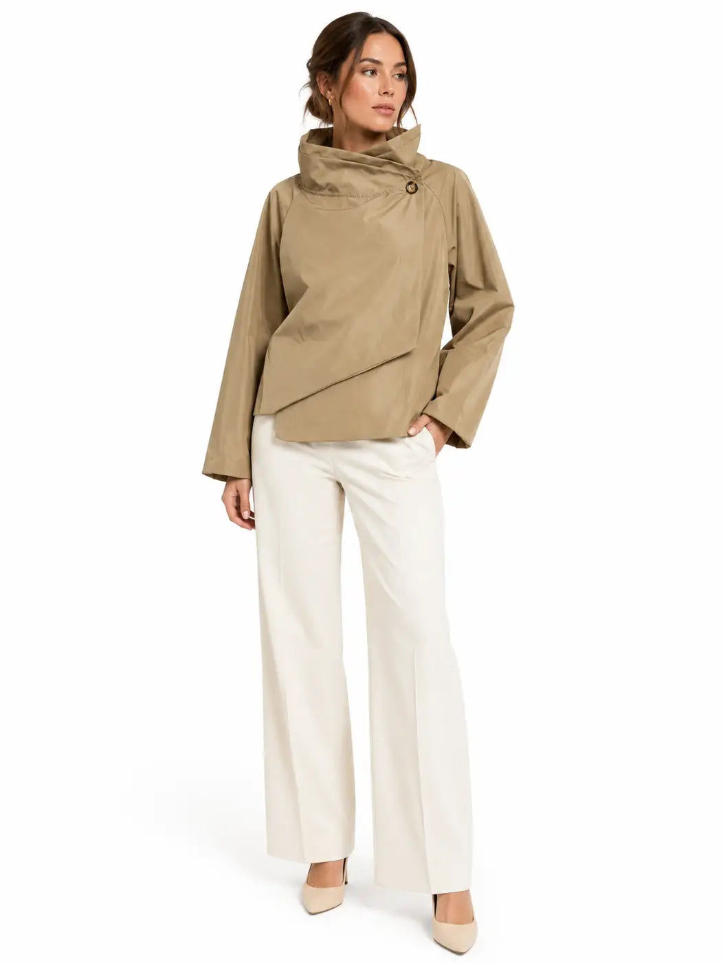 Leichte Jacke mit überkreuzten Stehkragen - Beige/Grün