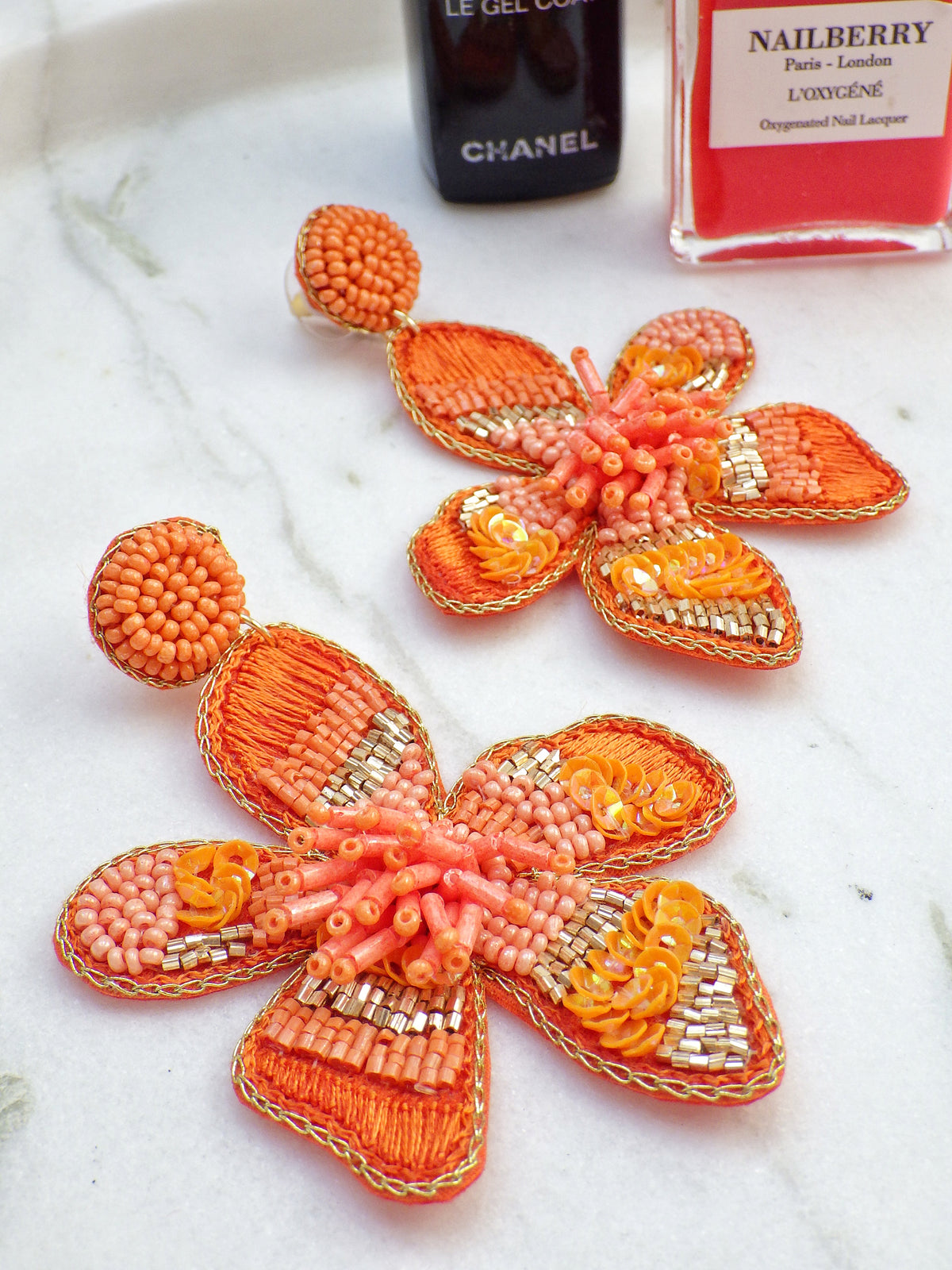 🦞 Ohrringe - Orange Perlenblüte