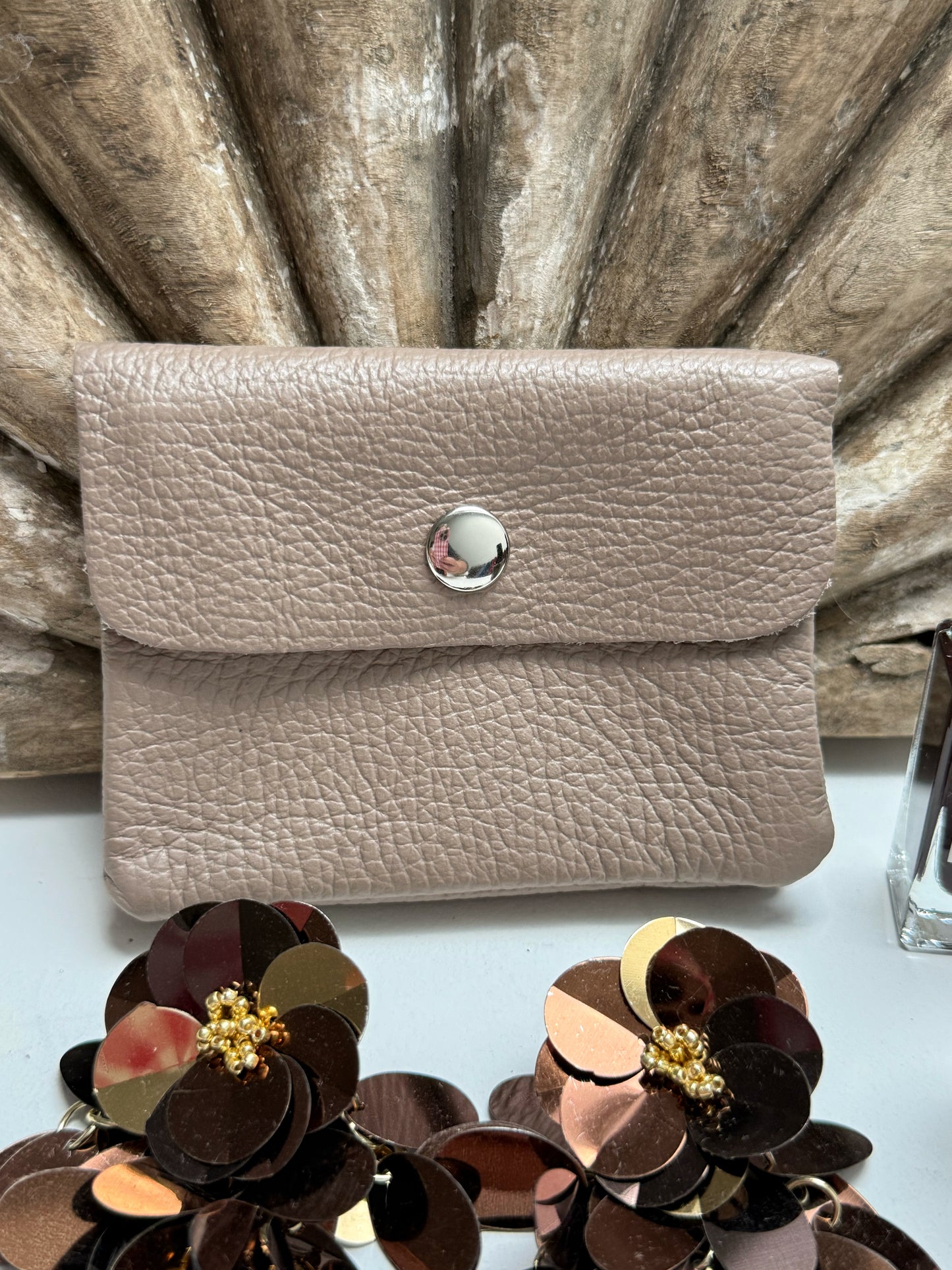 Leder-Portemonnaie - Taupe genarbtes Leder