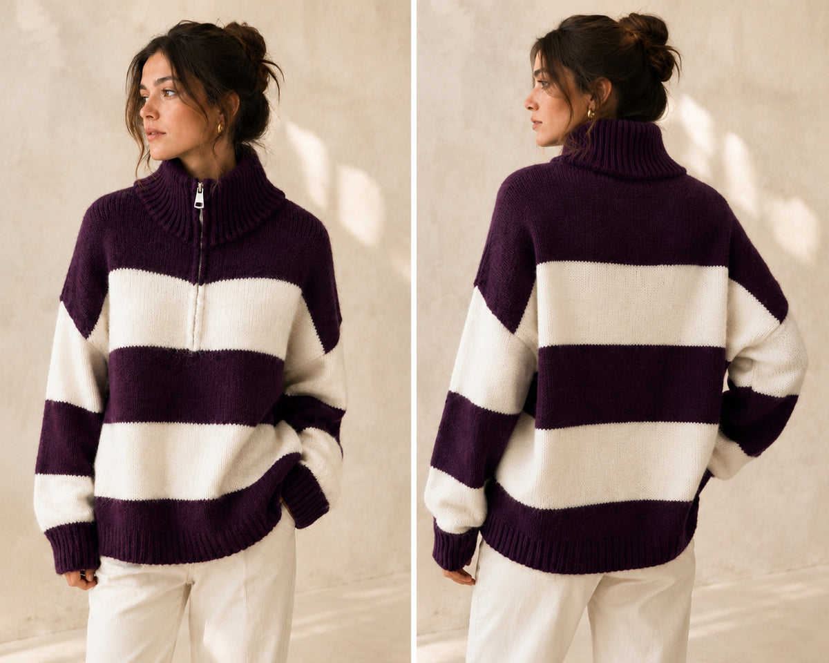 Troyer Kuschelpullover - Pflaume gestreift