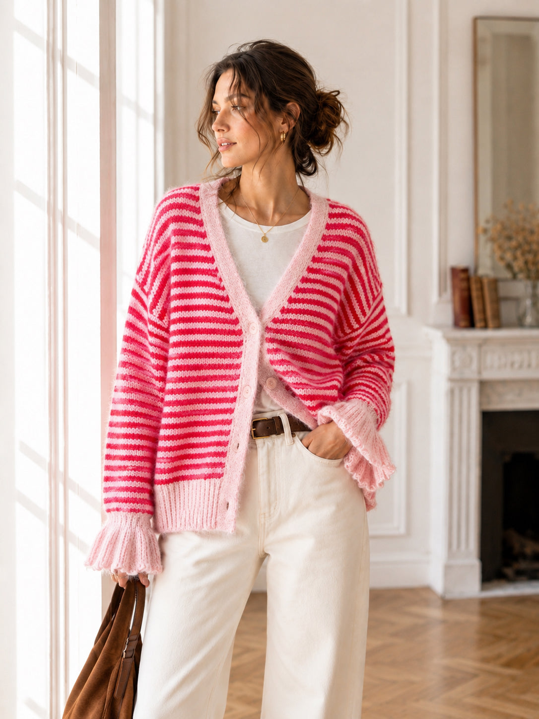 Kuschelstrickjacke mit Streifen - Rosa/Pink