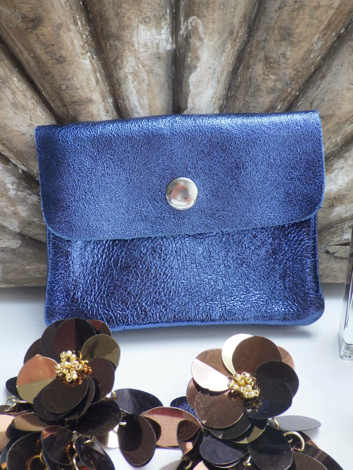 Leder-Portemonnaie - Blau Metallic